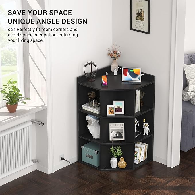 Aheaplus Corner Cabinet, Black Corner Storage with USB Ports and Outlets, Corner Cube Toy Storage for Small Space, Wooden Cubby Corners Bookshelf with 9 Cubes for Playroom, Bedroom, Living Room, Black