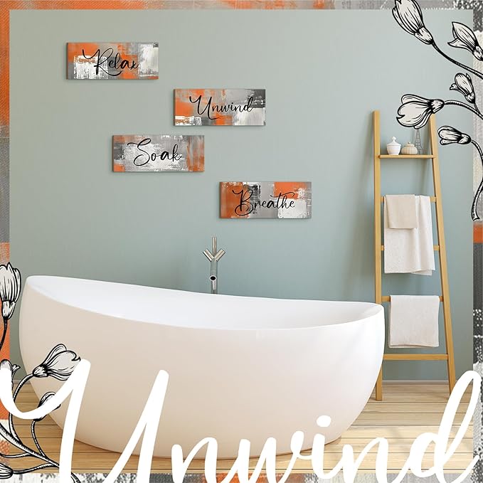 Maitys 4 Pcs Orange Bathroom Wall Decor 10 x 4 Inch Bathroom Wall Art Contemporary Wood Restroom Pictures for Soak Unwind Relax Hanging Sign Spa Rustic Vintage Farmhouse Pediments