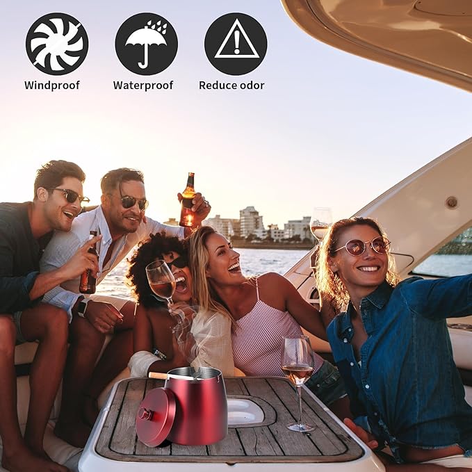 HARTAR Smokeless Ashtrays for Cigarettes Indoor, Ash Tray Sets Outdoor Windproof Cute Home Large Funny Metal Outside Ashtray with Lid for Cigarettes Butt Can for Outside Patio, Red, Small