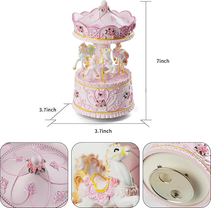 Enchanting Pink Carousel Music Box with LED Lights, Plays Castle in the Sky, Elegant Rotating Horse Figurines, for Girls, Women, and Romantic Occasions, Collectible Home Decor Ornament