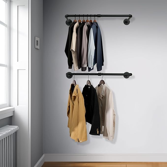 WEBI Clothing Rack Wall Mount,24" Industrial Pipe Clothes Rack for Hanging Clothes,Heavy Duty Iron Garment Rack Bar,Retail Display Clothes Rod for Closet,Laundry Room,Black