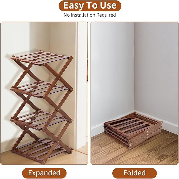 Shoe Rack Foldable, Portable Shoes Organizer Standing Shelf, Multifunctional Vertical Narrow Shoe Rack for Entryway, Closet, Bedroom and Hallway(Dark Brown, 4 Layers)