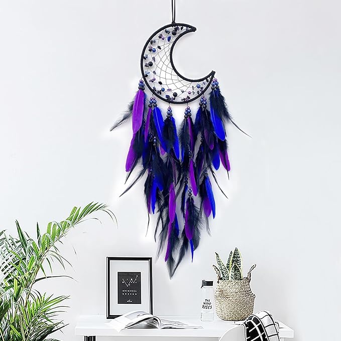 Moon Dream Catcher Handmade for Bedroom Purple and Blue Feather Dream Catchers for Home Decoration Ornaments for Bedroom Wall Hanging (Purple Feather - 1pc)