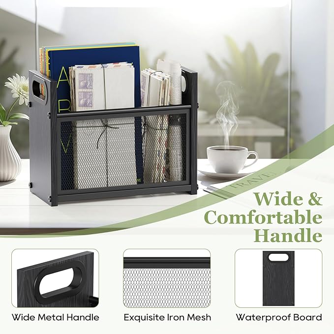 Black Magazine Holder, Wood Magazine Rack Floor, Mesh Magazine File Holder, Magazine Storage Basket, Magazine Holders for Classroom, Magazine Stand for Desk, Folder Organizer Bin for Books