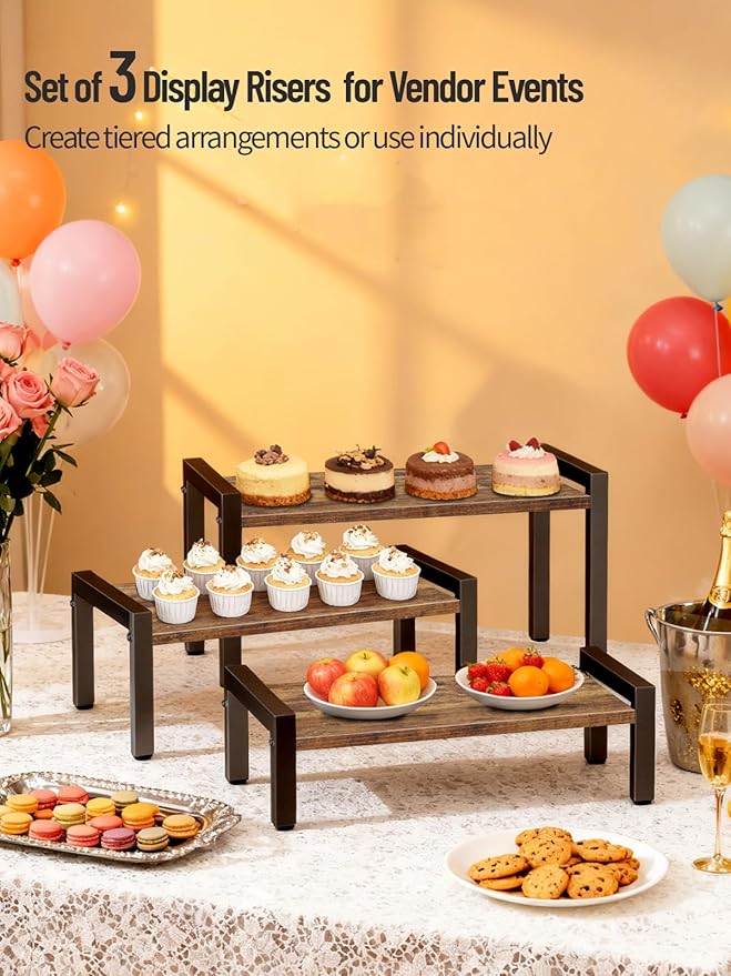 Wood Risers Display Stands & Cupcake Stand, 3 Tier Stepped Display Shelf for Perfume Collectibles, Buffet Risers Tiered Tray Stand & Serving Tray for Food Desserts Vendor Events Party Decor