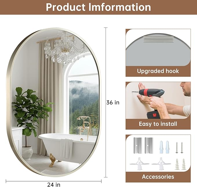 Brushed Nickel Mirror, 24"x36" Oval Bathroom Mirror, Oval Mirror with Brushed Metal Frame, Wall Mount Mirrors Decor for Bathroom, Bedroom, Entryway (Hangs Horizontally or Vertically)