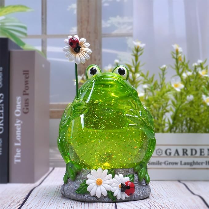 Spring Frog Snow Globe Decor with 6H Timer, Swirling Glitter Frog Snowglobe Spring Figurine Decorations, USB/Battery Operated, for Spring Holiday Home Decor and Gift (Frog Flower)