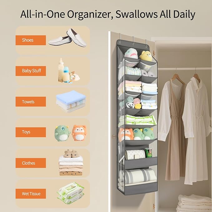 Yecaye Over the Door Shoe Organizer Hanging with Large Pockets, 8 Tier Back of Door Storage for Nursery, Closet and Bathroom, Partition Behind Door Organizers Shelf with Baby Clothes (1 Pack, Grey)