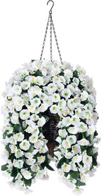 Artificial Fake Flowers Plants Hanging Baskets for Outdoor Outside Winter Christmas Decor, Faux Silk Hanging White Morning Glory Trailing Vines UV Resistant for Porch Patio Home Decoration