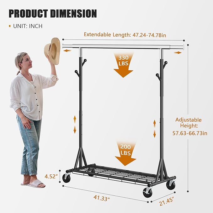 Garment Rack Load 530lbs,Heavy Duty Rolling Clothes Rack With Sturdy Wheel And Shelves, Adjustable Portable Hanging Rack For Clothes, Chrome Stainless Steel, Black