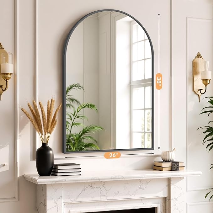 Bathroom Mirror for Wall, 38x26 Inch Arched Mirror, Matte Black Metal Framed Bathroom Vanity Mirror for Restroom Farmhouse, Anti-Rust, Tempered Glass, Hanging or Leaning
