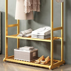 Gold Clothing Rack,Metal Garment Rack with Bottom Storage Shelves and 6 Side Hooks,modern Sturdy clothes racks for hanging clothes,Freestanding Wardrobe Rack for Bedroom or Boutique (L:39.4IN)