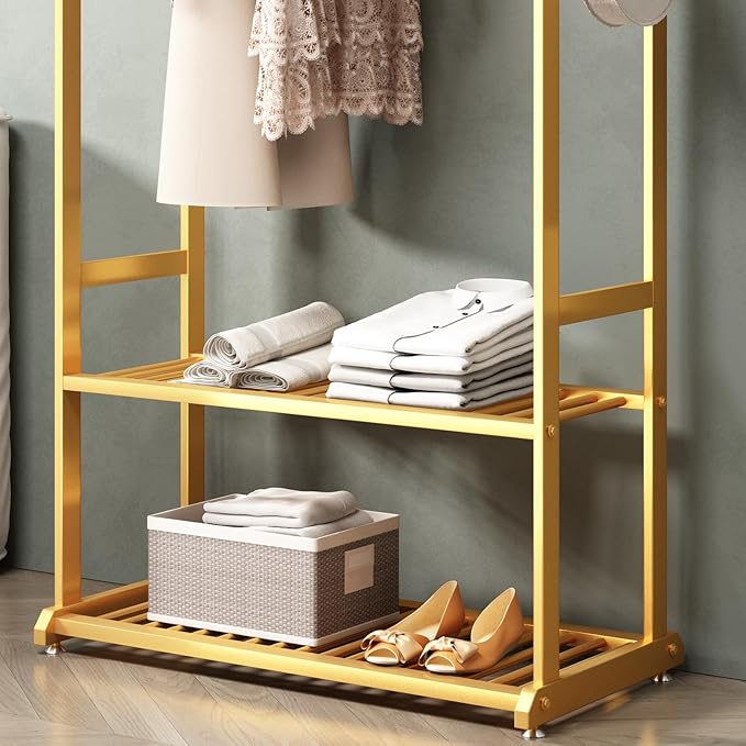 Gold Clothing Rack,Metal Garment Rack with Bottom Storage Shelves and 6 Side Hooks,modern Sturdy clothes racks for hanging clothes,Freestanding Wardrobe Rack for Bedroom or Boutique (L:39.4IN)