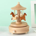 Natural Solid Wood Handcrafted Beech Wooden, Musical FigureTotoro/Carousel/Fairy/Ballerina Figurine,Rotating Hand Crank Mechanism Music Box,Musical Decorations (Merry-go-Round)