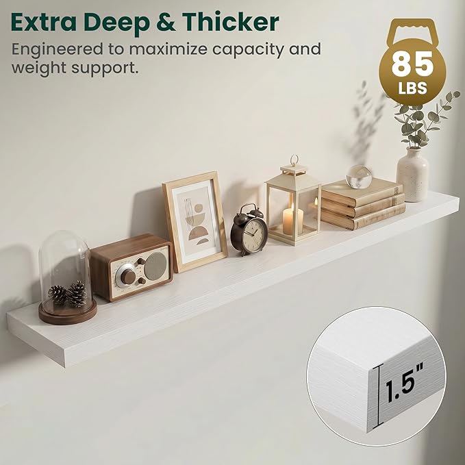 Floating Shelves for Wall 72 in x 9.3 in Deep, Wall Mounted Rustic Wood Shelf with Invisible Brackets for Storage & Display, Living Room Bedroom Bathroom, White, 1 Pack