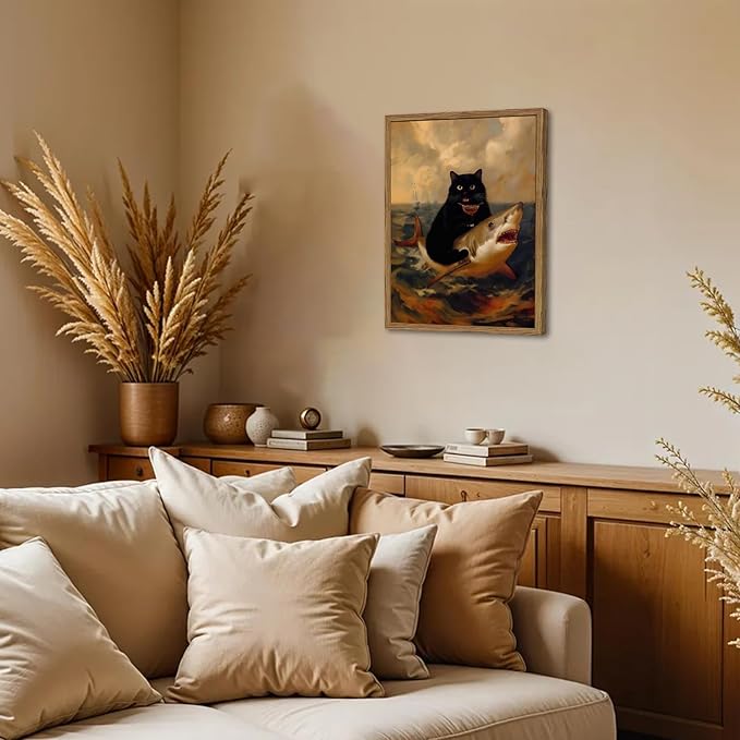 Funny Black Cat Wall Art Whimsical Cat Riding a Shark Wall Decor Picture Unique Animal Ocean Poster Canvas Painting Prints for Bedroom Living Room 16x24 inch Framed