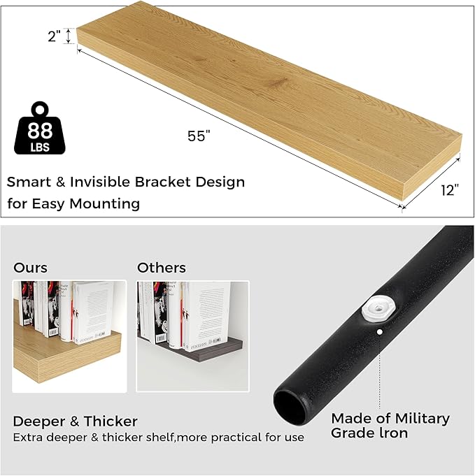Venusmiles Floating Shelves for Wall, 55 Inch Wide x 12 Inch Deep Floating Shelves, Long Wood Floating Wall Shelf Shelves for Living Room Bathroom Bedroom Kitchen Home - (Oak, 55" W x 12" D x 2" H)