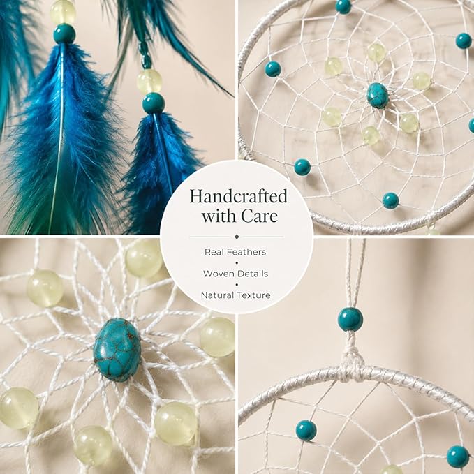 Handmade Turquoise Blue Dream Catcher for Boy– Glow in The Dark Wall Hanging Decor for Boys Girls Bedroom, Nursery, Kids Room, Birthday