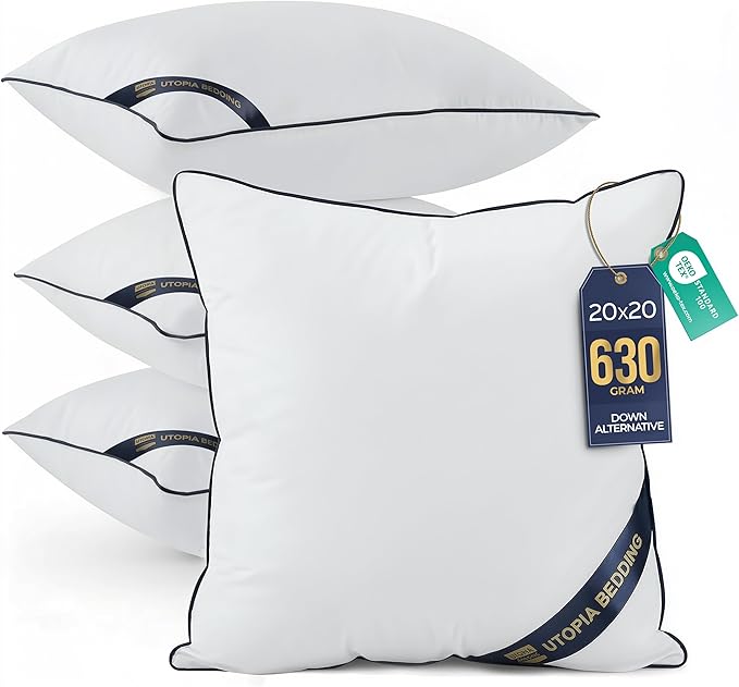 Utopia Bedding Throw Pillow Inserts (Pack of 4, White), 20 x 20 Inches Decorative Indoor Pillows for Sofa, Bed, Couch, Cushion Sham Stuffer