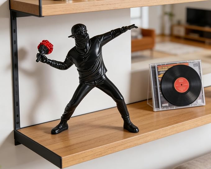 Banksy Flower Thrower Sculpture, 8.5 inch Black Banksy Street Graffiti Art Statue Replica, Inspirational Sculpture Gifts Peace Hope