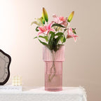 Large Pink Glass Vase, 12 Inches Tall Fluted Vase for Flowers, Modern Torch-Shaped Flower Vase with Ribbed Texture for Living Room, Dining Table, Office, Entryway, Mantle, Shelf, Wedding Gifts