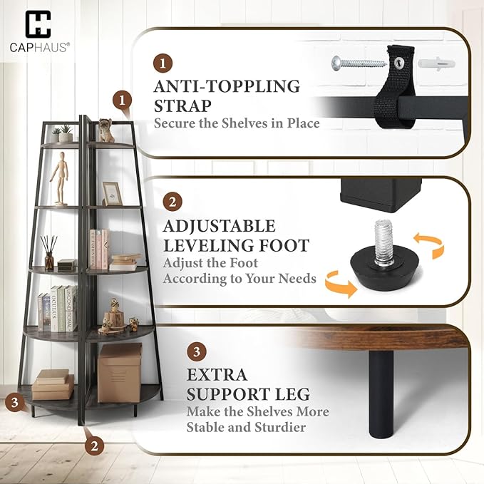 CAPHAUS Tall Corner Shelf Stand, 6-Tier Display Shelves, Ladder Corner Wood Storage Plant Bookshelf with Metal Frame, Versatile Shelving Unit Bookcase for Home Office Space, Dark Grey