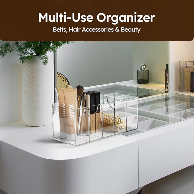 FEMELI Belt Organizer, Acrylic Belt Storage for Closet with Dust Cover, 5 Compartments Belt Container Display Holder for Drawer, Clear Belt Tie Case for Women Men Home