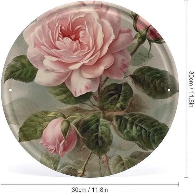 Wall Picture, with Vintage Beautiful Rose Printed Circular Iron Hanging Picture,Wall Art Decor,Home for Bedroom Living Room Bathroom Decor,Iron Painting 11.8X11.8 in