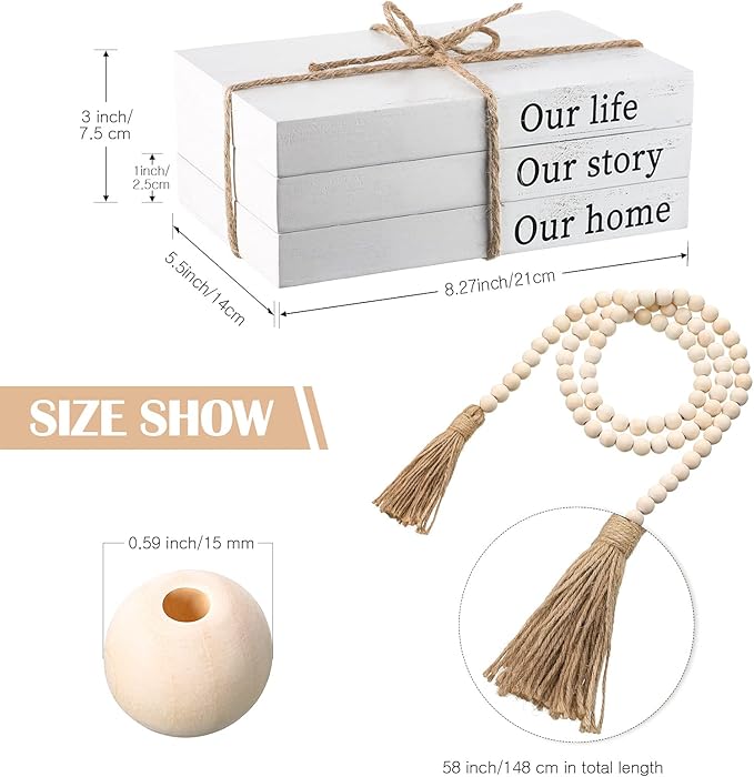 Jetec Decorative Books for Home Decor White Faux Farmhouse Stacked 3 Pieces Gift for Mother Teachers Friends Family for Coffee Tables Shelves with Wood Bead Tassels 58 Inch