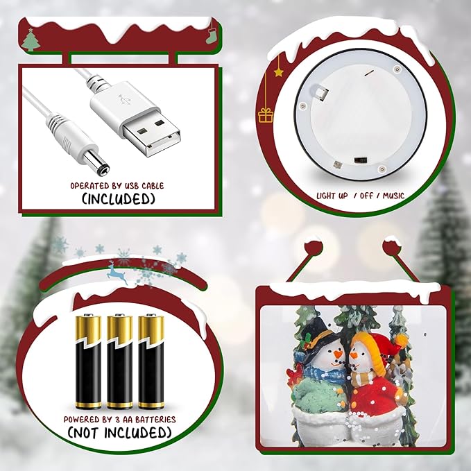 Snow Globe Christmas Decorations Snowman, Musical Glitter Christmas Snow Globes Light Up Lantern 6H Timer USB Lined/Battery, Christmas Village Snowman Snow Globe Decor Gifts