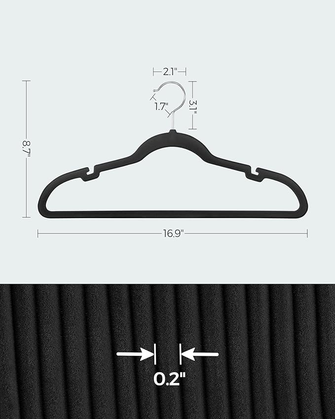 SONGMICS Velvet Hangers 100 Pack, Non-Slip Clothes Hangers with Shoulder Notches, Pants Bar, 360° Swivel Hook, Space-Saving, for Closet, Ink Black UCRF029B010