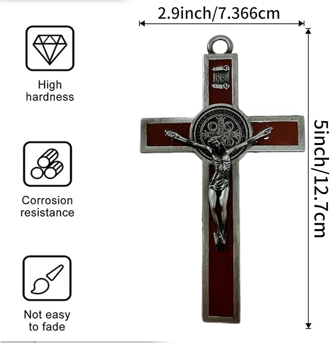 BONITTER Antique Silver Crucifix Wall Cross-St. Benedict Metal Wall Art-5.0 InchX2.7 Inch Black White Brown Enamel Give Blessing and The Spiritual Sacred:Faith Gift for your Acquaintances (Brown)