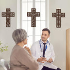 Bnesi 3 Pcs Wooden Cross Wall Art - Brown Carved Pattern Religious Crosses for Living Room, Church, Wedding, Office, Hospital