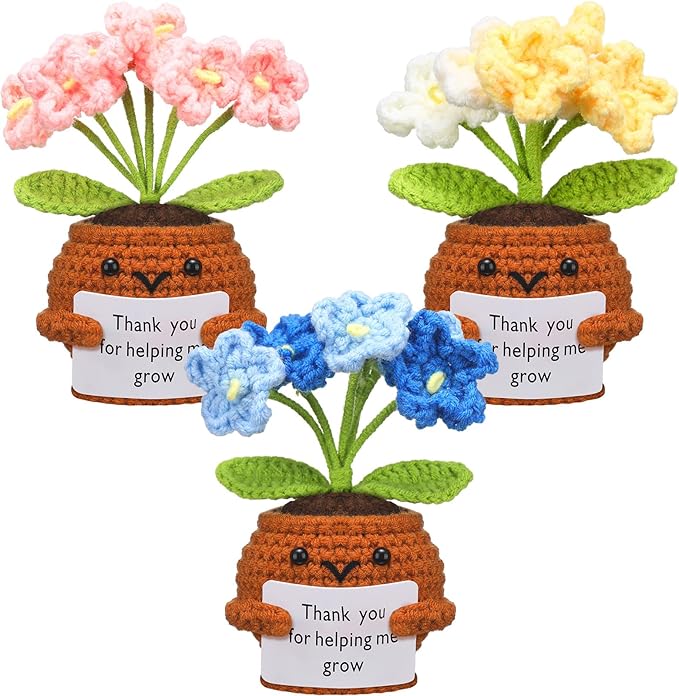 Wavwavw 3 Pack Teacher Appreciation Gift Positive Flower Handmade Crochet Doll Thank You for Helping Me Grow Gifts Back to School Gifts for Women Teacher(Forget Me Not)