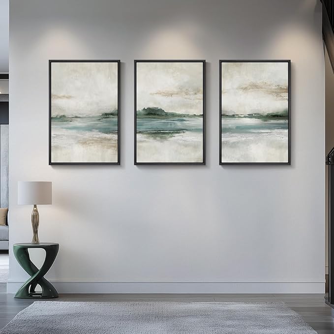 Framed Abstract Landscape Wall Art, Set of 3 Canvas Prints Paintings Artwork for Walls, Soft Blue and Green Nature Pictures for Living Room, Bedroom, Lounge, Dining Room Wall Decor 16x24 In
