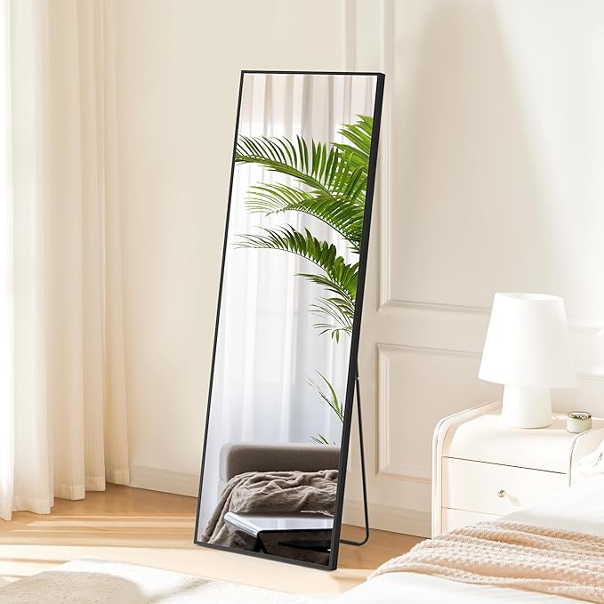 DUMOS 16"x59" Full Length Mirror with Stand, Floor Standing Aluminum Frame, Shatter-Proof Nano Glass for Bedroom, Living Room, Cloakroom – Modern Simple Home Decor,Can Be Hanging or Leaning, Black