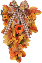 Harvest Teardrop Swag, 20inch Fall Teardrop Swag with Maple Leaves, Bow and Sunflowers, Autumn Decorative Swag Fall Floral Swag for Home Door Wall Decor(Without Light)