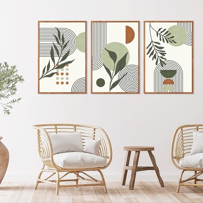 KAlRNE Sage Green Boho Beige Framed Canvas Wall Art Set of 3(24”X36”),Abstract Geometric Line Leaf Wall Decor,Botanical Minimalist Neutral Art Prints For Living Room Bedroom Office