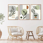KAlRNE Sage Green Boho Beige Framed Canvas Wall Art Set of 3(24”X36”),Abstract Geometric Line Leaf Wall Decor,Botanical Minimalist Neutral Art Prints For Living Room Bedroom Office