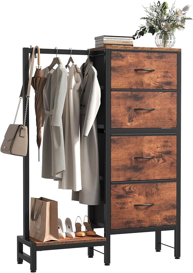 OLIXIS 4 in 1 Storage with Hanging Rack, Clothes Rack Shoes Rack, Bag Hook, Tall Storage Tower, Sturdy Frame for Bedroom Entryway Living Room Brown