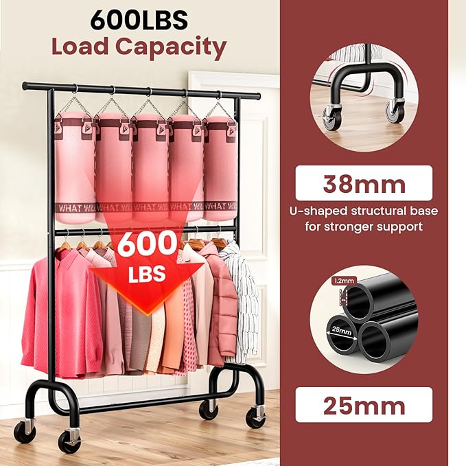 Heavy Duty Clothes Rack Load 600 LBS, Rolling Clothing Rack for Hanging Clothes with Lockable Wheels, Double Rod Garment Rack for Bedroom, Laundry, Clothing Store, Black