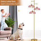 QIYIZM Pink Floor Lamp for Living Room,Bedroom,Gold Mid Century Modern Standing Lamp Brass Tree 3 Light Tall Floor Lamps Vintage Retro Floor Lights Glass Flower Lamp Shade Farmhouse Boho Bohemian