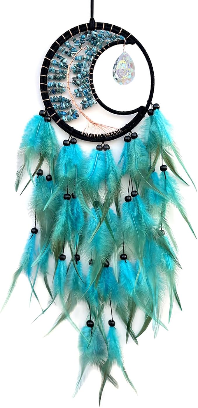 Blue Dream Catcher Wall Decor Tree of Life Dream Catchers with Crystal Pendant Handmade Feather Dreamcatcher Wall Hanging Ornament for Bedroom Living Room Home Decor