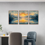 KAlRNE Landscape Wall Art Set of 3(24”X36”),Abstract Nature Wall Decor,Blue Forests Lake Canvas Paintings,Framed Watercolor Sunset Mountains Prints For Living Room Bedroom Office Decoration