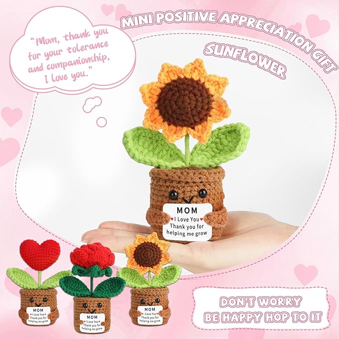 Mom Mother's Day Appreciation Gift Positive Crochet Flower Heart Plant Emotional Support Sunflower Inspirational Handmade Knitted Doll with Card Cute Present for Mommy Grandma for Mother Birthday