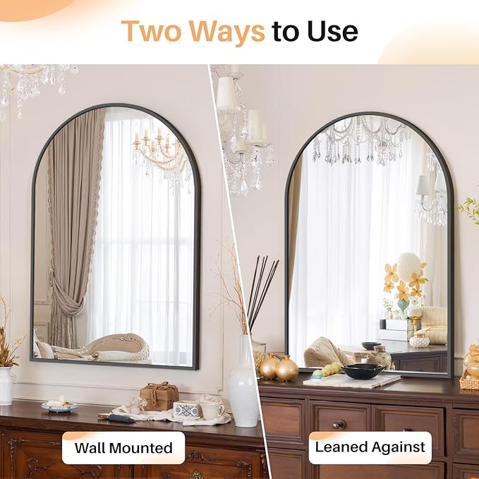 Bathroom Mirror for Wall, 36x24 Inch Arched Mirror, Matte Black Metal Framed Bathroom Vanity Mirror for Restroom Farmhouse, Anti-Rust, Tempered Glass, Hanging or Leaning