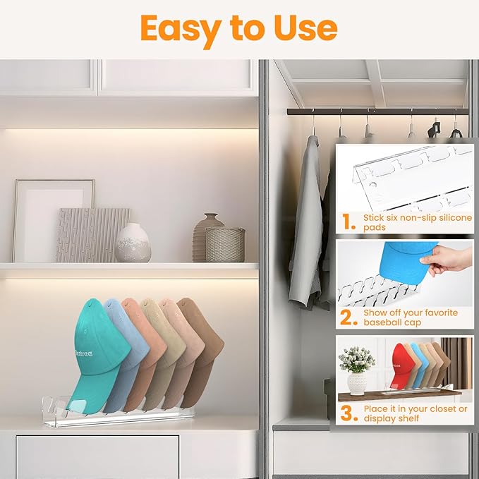 Nicetree Hat Organizer for Baseball Caps, 4 Pcs No Install Acrylic Hat Racks for 28 Baseball Caps Storage, Hat Stand for Caps Display and Organizer for Dresser, Bedroom, Closet, Office