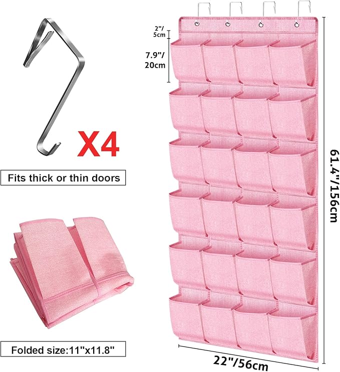 homyfort Pink Shoe Organizer Over the Door for Girls Women Kids Room,Hanging Shoe Rack Organizer for Closet Door,Zapateras Storage Holder with 24 Large Pockets & 4 Sturdy Hooks for Shoes,Slippers