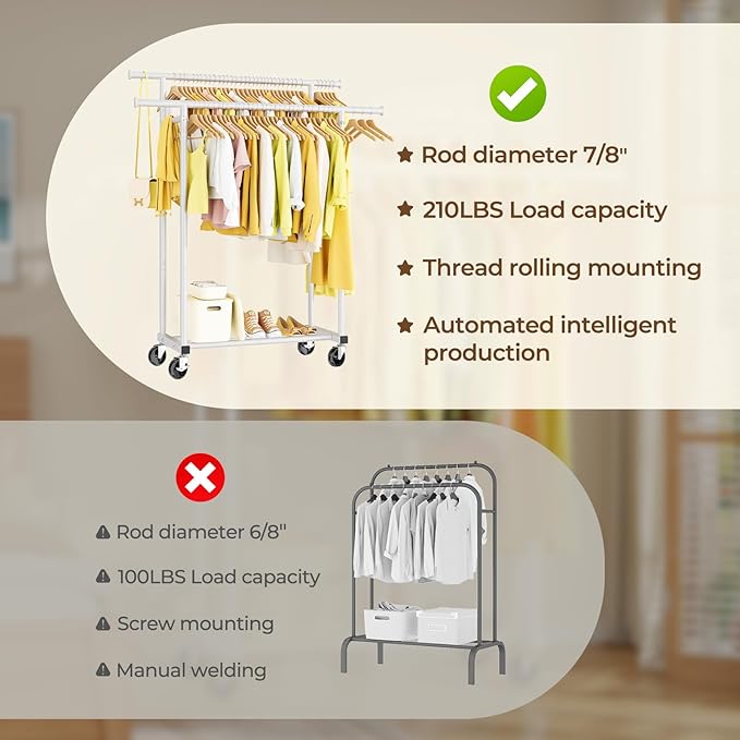 Double Rods Clothes Rack, Rolling Clothing Rack for Hanging Clothes Portable Wardrobe Rack, Metal Garment Rack Sturdy Coat Rack for Bedroom Laundry Living Room, White