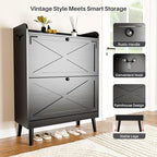Shoe Storage Cabinet with 2 Flip Drawers, Freestanding Entryway Shoe Cabinet with 2 Side Hooks & Adjustable Shelves Slim Shoe Organizer Cabinet Narrow Shoe Rack for Entrance Hallway Front Door,Black